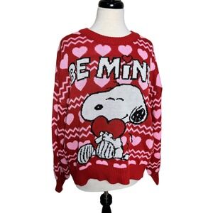 Peanuts Snoopy Be Mine Valentines Day Heart Knit Sweater Red Pink Large Womens